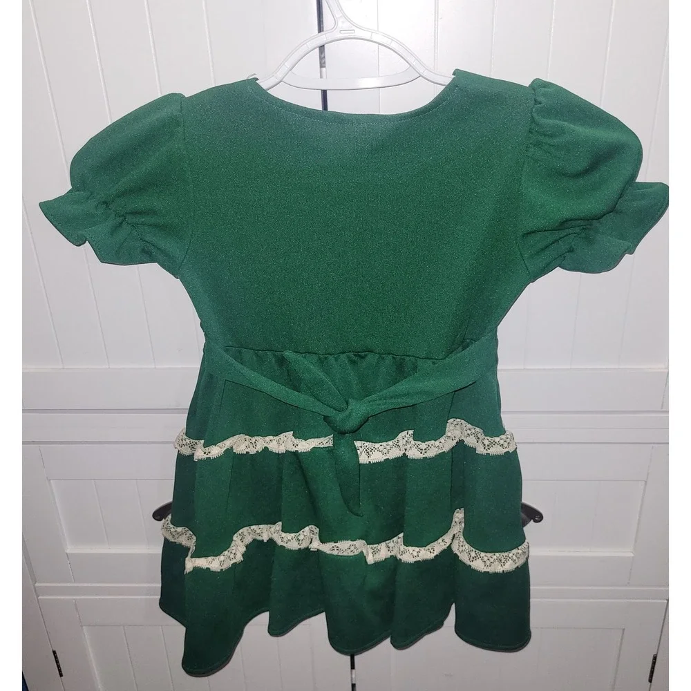 Vintage Sears Perma-Prest Green Smocked Lace Tiered Dress Girls Size 4 Retro